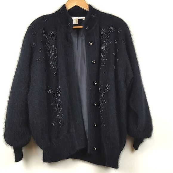 Belldini Black Angora Blend Floral Beaded Cardigan Sweater Retro Vintage - Picture 11 of 14